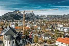 Liebherr 250 EC-B flat top tower crane carfelly placed on a church renovation job in Germany