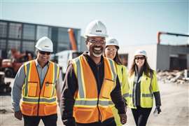 Happy Diverse Team of Specialists Wearing White Helmets, Taking and Walking in a Construction Site