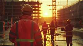Construction workers leaving a site at dusk