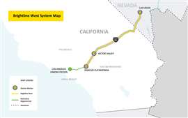 A map of the planned Brightline West high-speed railway