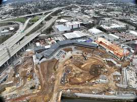 An aerial view of the Knoxville Smokies stadium construction site in May 2024