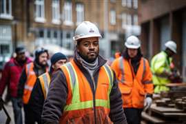 AI-generated image of Diverse and mixed group of construction workers working in London UK