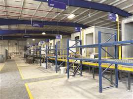 An assembly line for Onx’s prefabricated bathroom units at their factory located in Florida, US