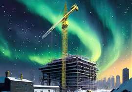 A city construction site with a yellow tower crane set against a clear night sky with a green aurora borealis display.