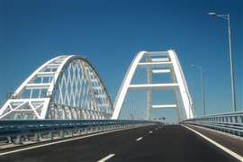 Arches of the Crimean bridge connecting the banks of the Kerch Strait: Taman and Kerch, Crimea.