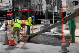 People working on an urban construction site, being detected by the OmniVai system from 3rd Eye Robotics