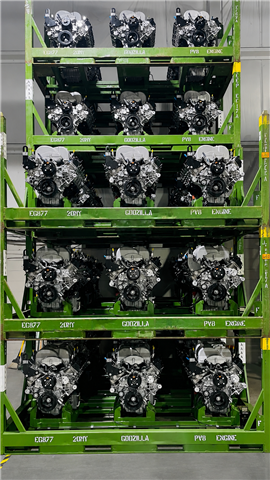 Ford WSG873 7.3L “Godzilla” engines racked at the pre-assembly stage