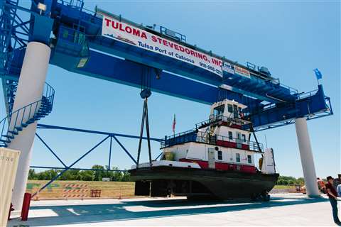 Whiting Services refurbished the blue 200 ton EOT crane at Tulsa Port of Catoosa