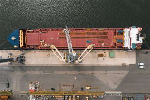 Aerial view of the Liebherr LHM 550 about to be lifted 