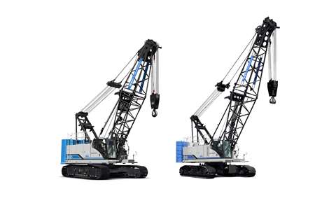Blue and white crawlers with minimum black lattice booms side by side