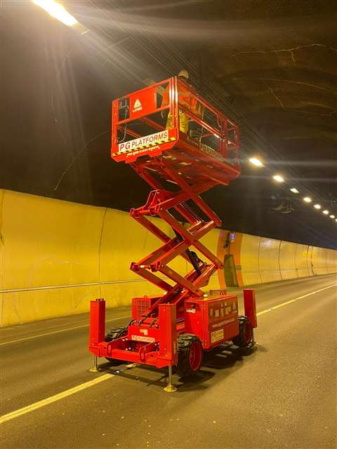 PG Platforms' new LGMG SR818D diesel scissor lift in a tunnel