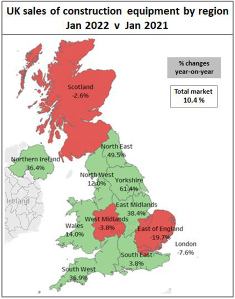Map showing UK construction equipment sales by region