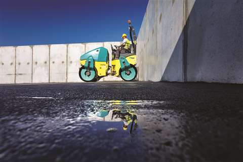 A tandem roller on works on a building site