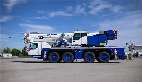 white and blue Tadano all terrain crane