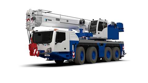 white and blue Tadano all terrain crane