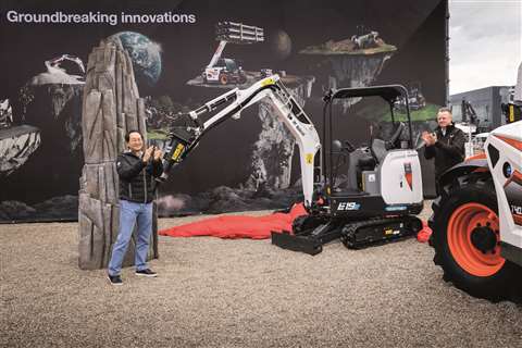 Doosan Bobcat CEO Scott Park (left) launches the Ez19e at Bauma alongside Mike Vought, vice president PM/PMO, Doosan Bobcat EMEA.