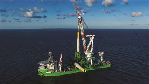 Floating monopile installation at the German wind farm Arcadis Ost 1 Photo: Deme