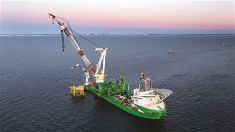 Installation of a substation at the French wind farm Fècamp Photo: Deme