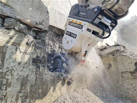 CK Abbruch und Erdbau 's 60 t machine with the Kemroc KR 165 drum cutter attachment.