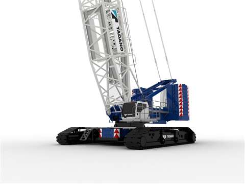 blue and white Tadano crawler crane