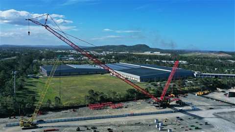 red and yellow Sany crane low boom angle