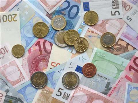 A collection of Euro coins and banknotes