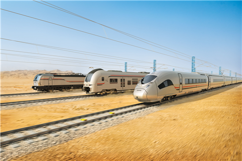 A computer-generated rendering of three high-speed trains on three separate electrified lines.
