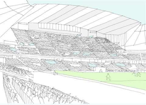 An internal view of the proposed stadium development, facing towards the expanded North Stand