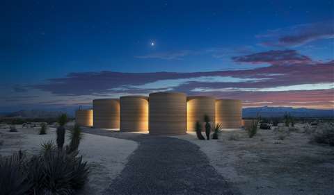 A rendering of how the El Cosmico 3D-printed hotel in Marfa, Texas, will look