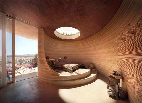 A rendering of the interior of a room in a 3D-printed building at El Cosmico