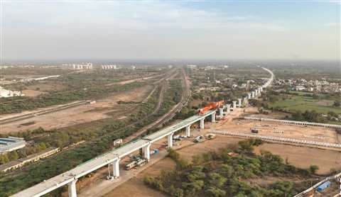 Construction of a viaduct for the high-speed rail line in Ahmedabad district, Gujarat, India