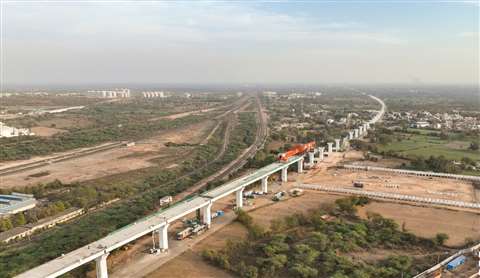 Construction of a viaduct for the high-speed rail line in Ahmedabad district, Gujarat, India