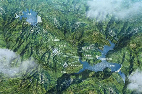 A render overlaying plans for the Tongshan Damushan Pumped Storage Power station in Hubei province, China, on a 3D satellite image of the region