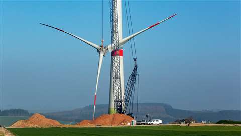 A crane from Kranlogistik Lausitz working on a wind farm installation for Enercon in Germany