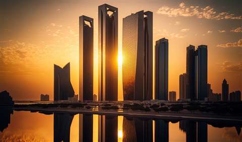 View of the skyscrapers on Al Reem and Al Maryah Island in Abu Dhabi at sunset