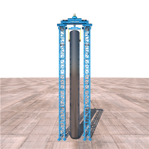 blue lattice Roll Group gantry tower with refinery vessel