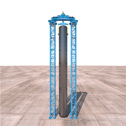 blue lattice Roll Group gantry tower with refinery vessel