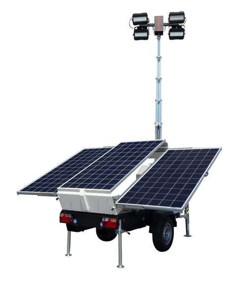 The VT-Solar, a generator-free lighting tower with three solar panels.