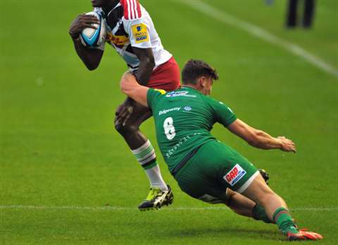 London Irish play Harlequins at Rugby 7s final with GAP branded shorts