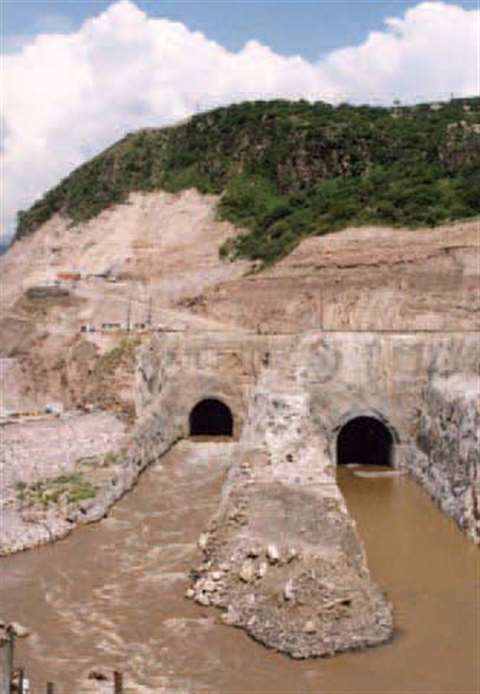 The outfalls of the dam's two spillways