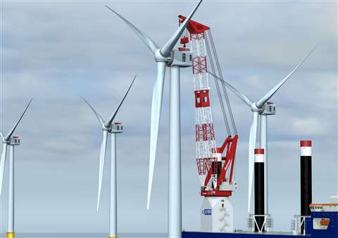 Artists impression of Penta-Ocean 1,600 tonne leg encircling crane at an offshore wind farm