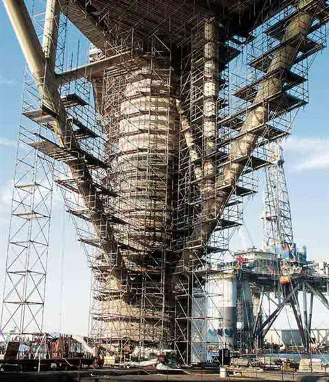 A typical application for Aluma's Surelock scaffolding on a semi-submersible drilling rig undergoing