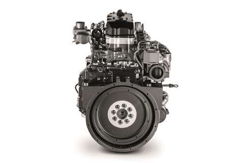 Rear end view of FPT's N45 StageV diesel, black, no flywheel, induction left side, exhaust and turbo right side