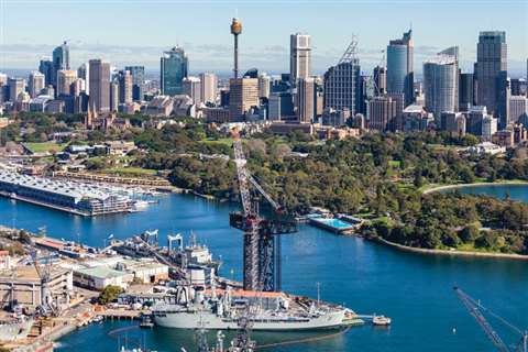 An aerial view of the dismantling of the hammerhead crane by Liberty Industrial using a pair of Fave