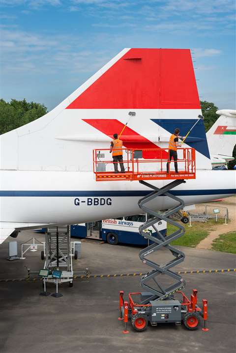 The Skyjack 6826RT being used to clean the Concorde currently at Brooklands Museum in Weybridge, Surrey.