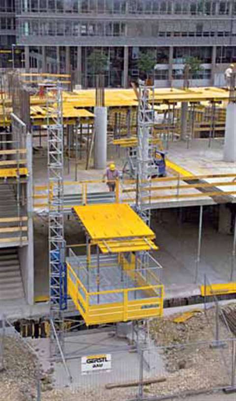 Doka's 10 m/minute TLS Table Lifting System for craneless lifting of its Dokamatic tables.