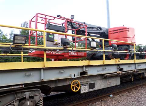 The Skyjack SJ46AJ mounted on a rail wagon