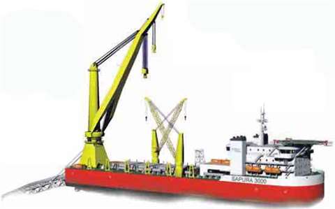 The Sapura 3000 has two pipe handling cranes and a 3,000 ton mast crane at the rear for the heavy of