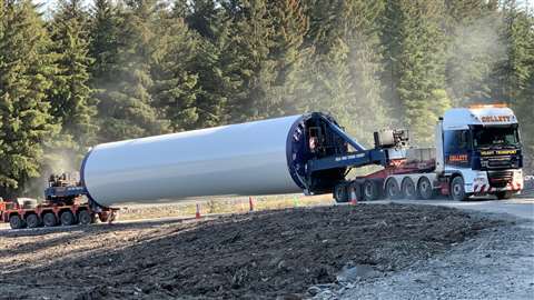 Collett transports one of the turbine components to Clocaenog Forest Wind Farm in Wales, UK.