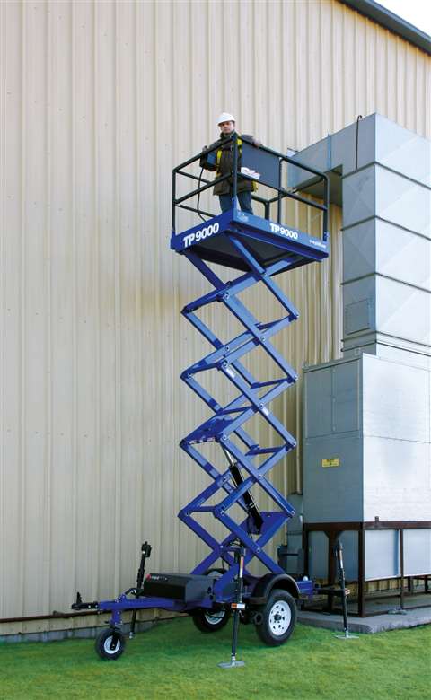 The TP 9000 is a towabale, auto-leveling scissor that does not require a separate trailer for transp